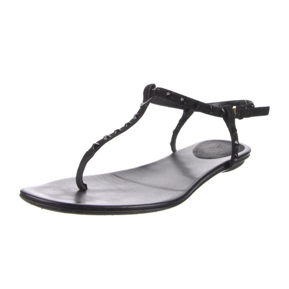 Authentic Gucci Black Leather Rhinestone Embellished Thong Flat Sandals EU 37.5